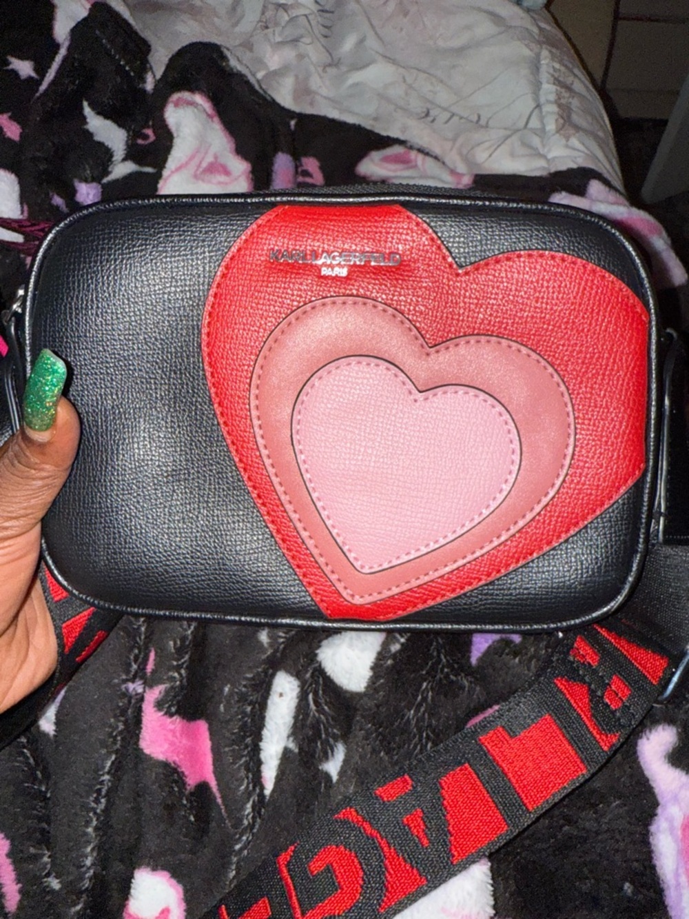Karl Lagerfeld Black Crossbody Bag with Red and Pink Heart Appliqués